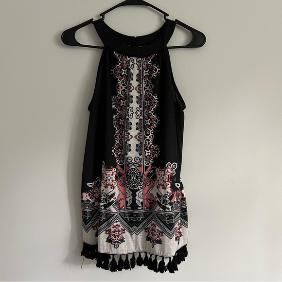 VENUS Tops - Venus Black Aztec Print Fringe Tassel Hem Sleeveless Halter Blouse